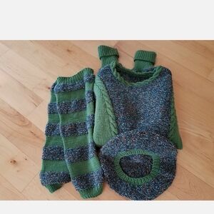 Vintage Hand Knit Sweater-Sage Green Two Tone-Sweater, Leggings & French Hat Set